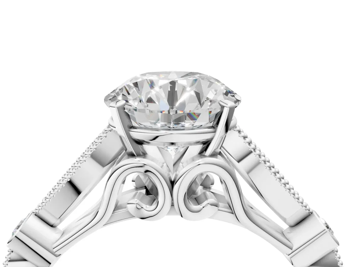 Round Cut Cut Diamond with Milgrain Marquise and Bezel Accents on a Solitaire Band with Prong Setting Silver