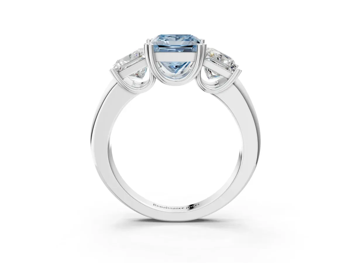 Fancy Blue Three-Stone Princess Cut Cut Diamond Ring with Channel Set Band and Four-Prong Setting Silver