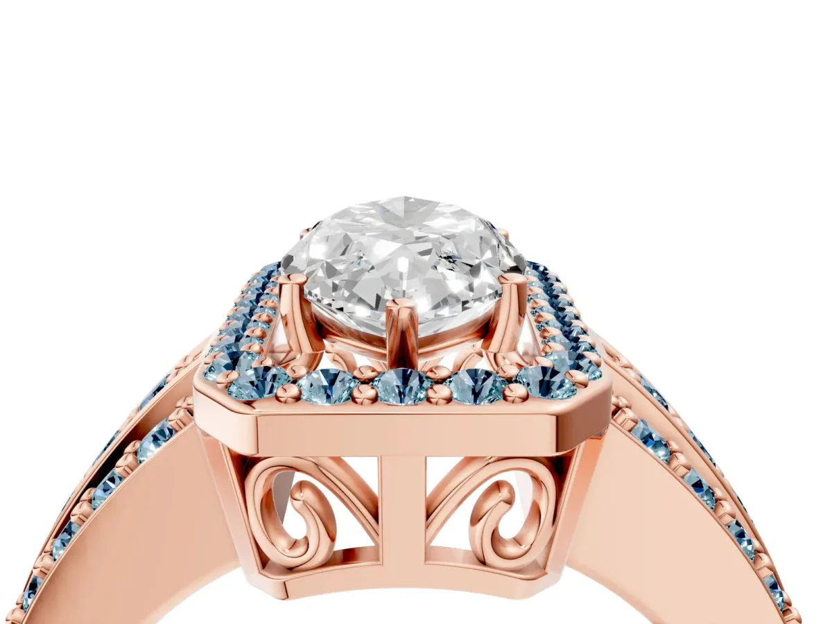 Marquise Cut Halo Diamond Ring with Round Aquamarine Split Shank and Prong Setting Rose gold