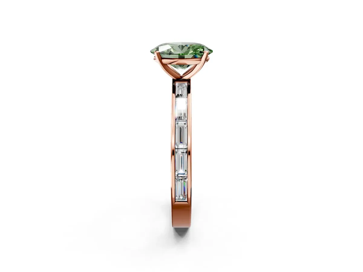 Fancy Green Oval Cut Solitaire Diamond Ring with Channel-Set Baguette Band and Four-Prong Setting Rose gold