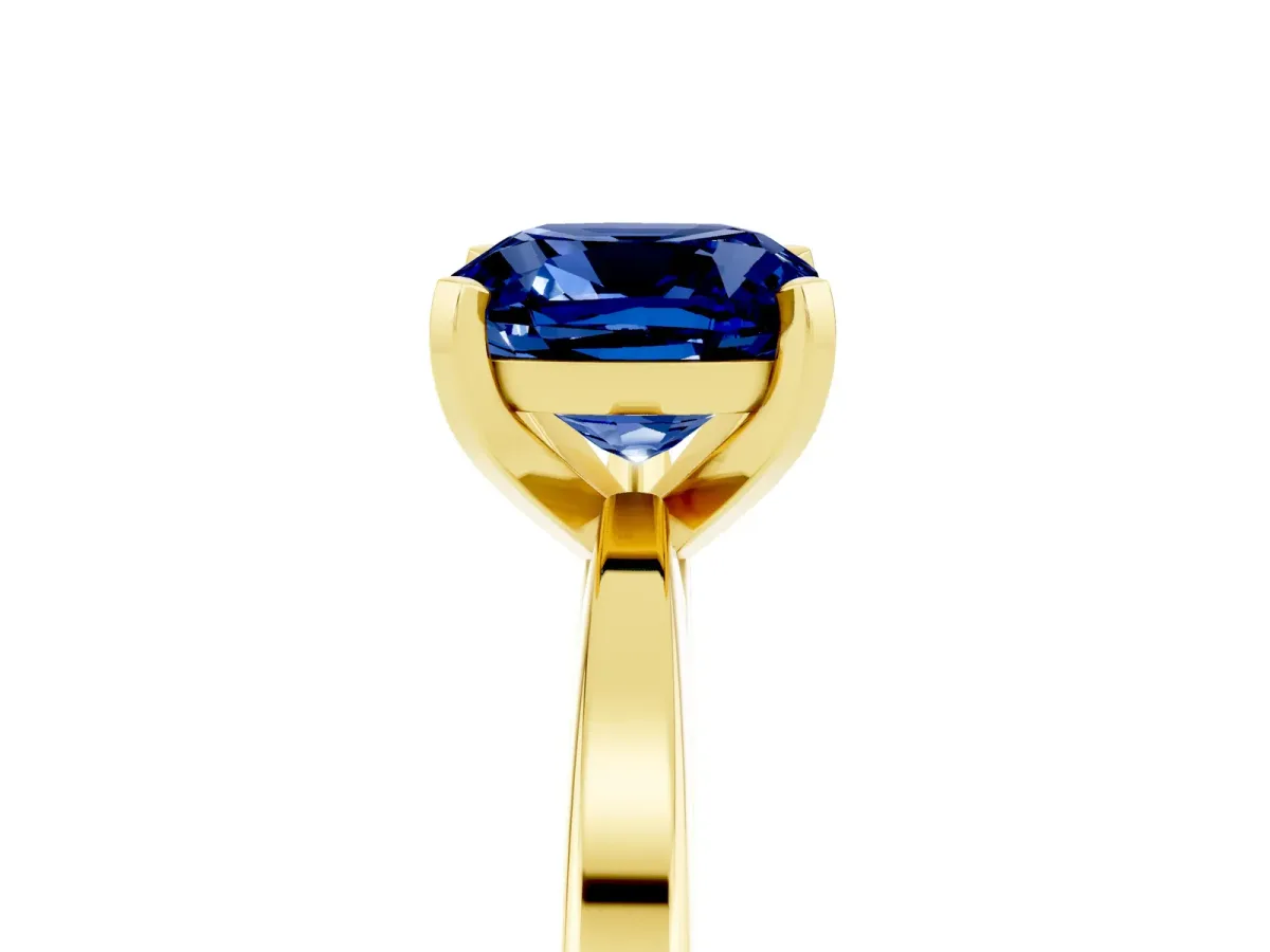 Cushion Cut Blue Sapphire Solitaire Engagement Ring with Classic Band and Four-Prong Setting Yellow gold