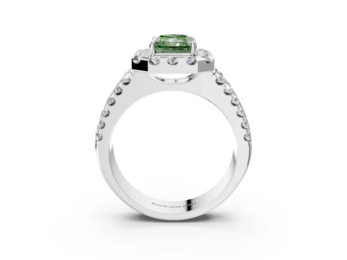 Fancy Green Radiant Cut Halo Diamond Split Shank Engagement Ring with Prong Setting Platinum