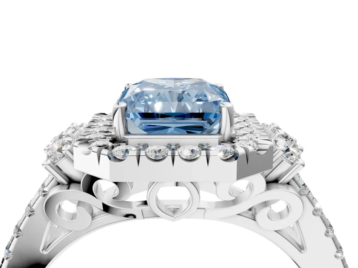 Fancy Blue Radiant Cut Cut Double Halo Diamond Engagement Ring with Pave Band and Four-Prong Setting Platinum