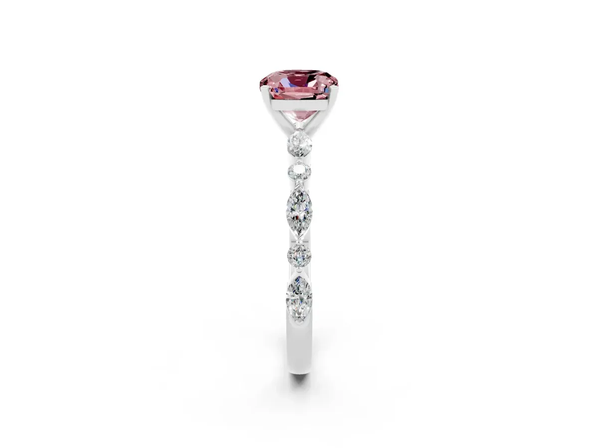 Cushion Cut Morganite Ring with Marquise and Round Side Stones and Four-Prong Setting White gold