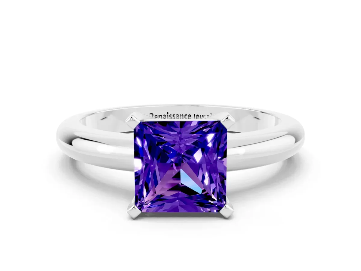 Princess Cut Tanzanite Solitaire Engagement Ring with Round Band and Four-Prong Setting White gold