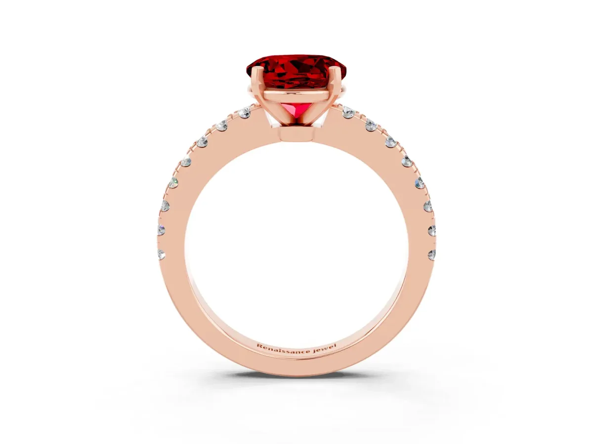 Round Cut Solitaire Ruby with Pavé Band and Four-Prong Setting Rose gold