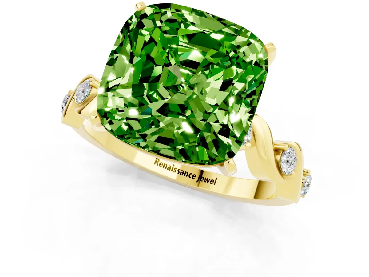 Cushion Cut Peridot Solitaire Twisted Band with Round Accents and Prong Setting Yellow gold
