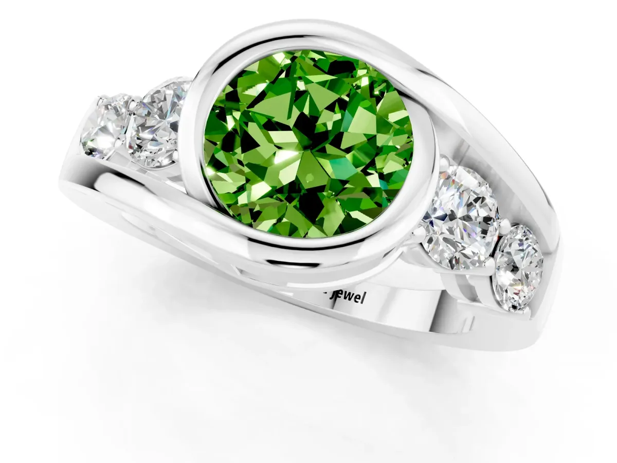 Bezel Set Round Cut Peridot Bypass Ring with Round Accents Platinum
