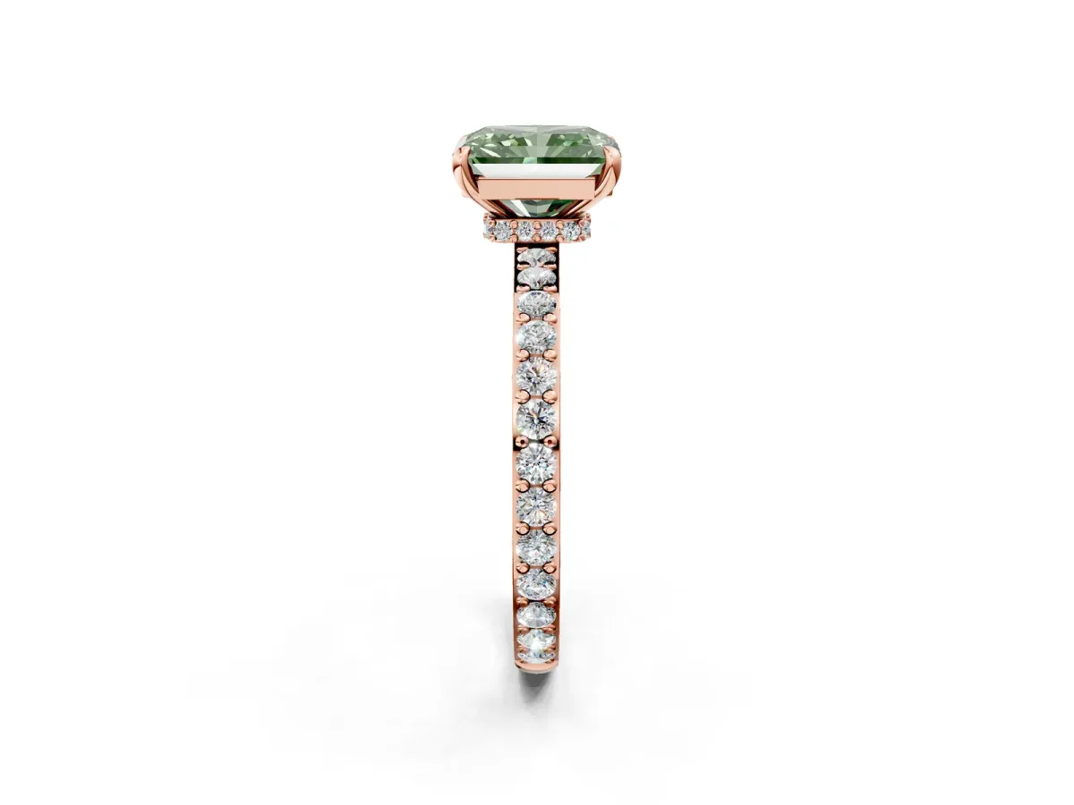 Fancy Green Radiant Cut Diamond Solitaire Engagement Ring with Pavé Band and Four-Prong Setting Rose gold
