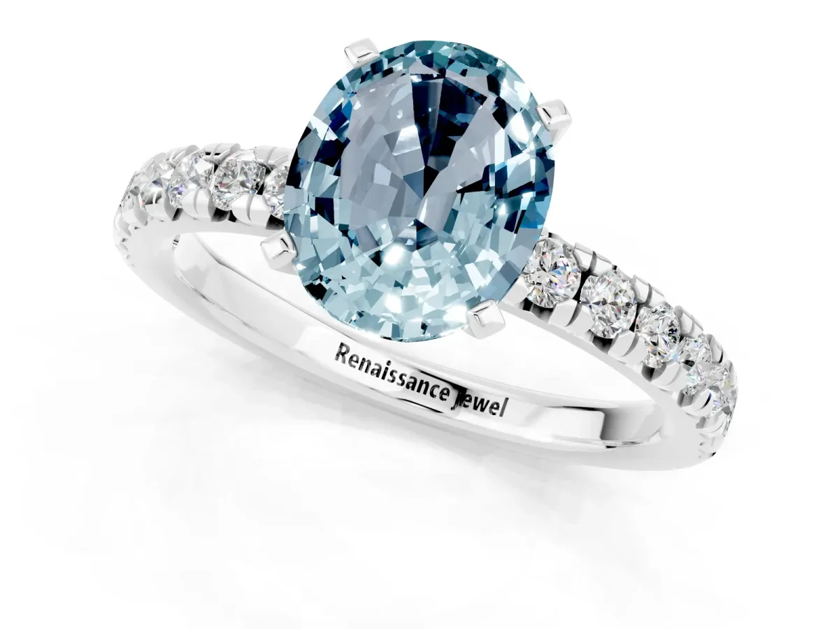 Oval Cut Aquamarine Solitaire Pavé Engagement Ring with Round Band and Prong Setting White gold