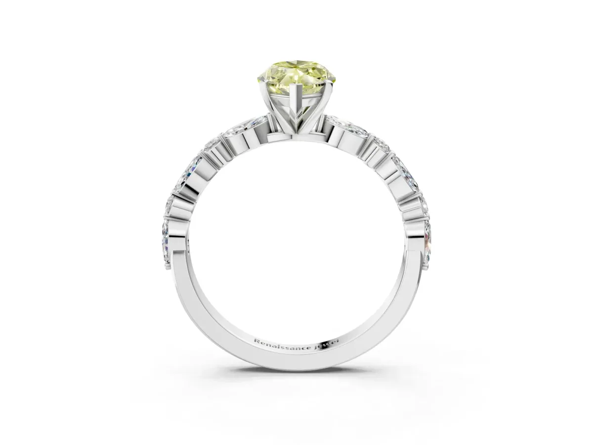 Fancy Yellow Marquise Cut Diamond Ring with Marquise and Round Side Stones and Four-Prong Setting White gold