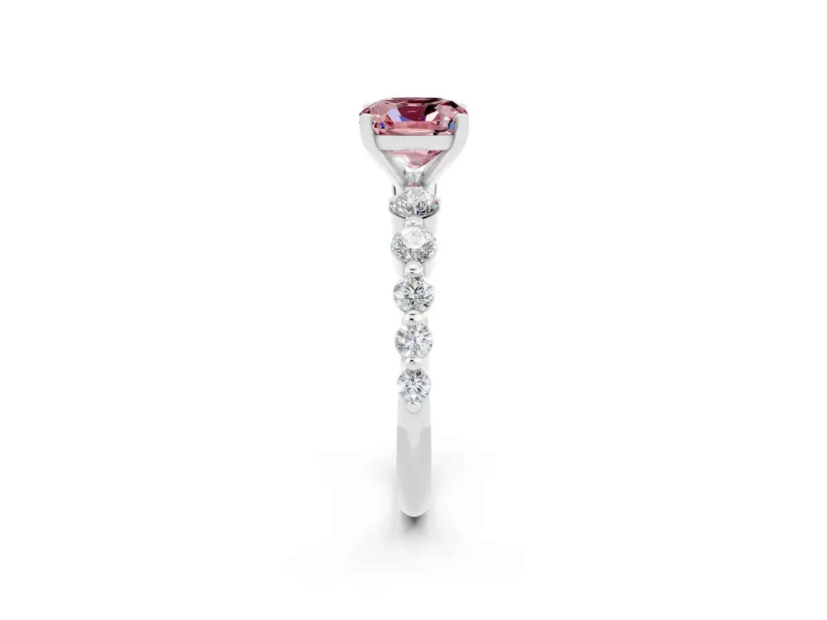 Cushion Cut Solitaire Morganite Ring with Pave Band and Four-Prong Setting Silver