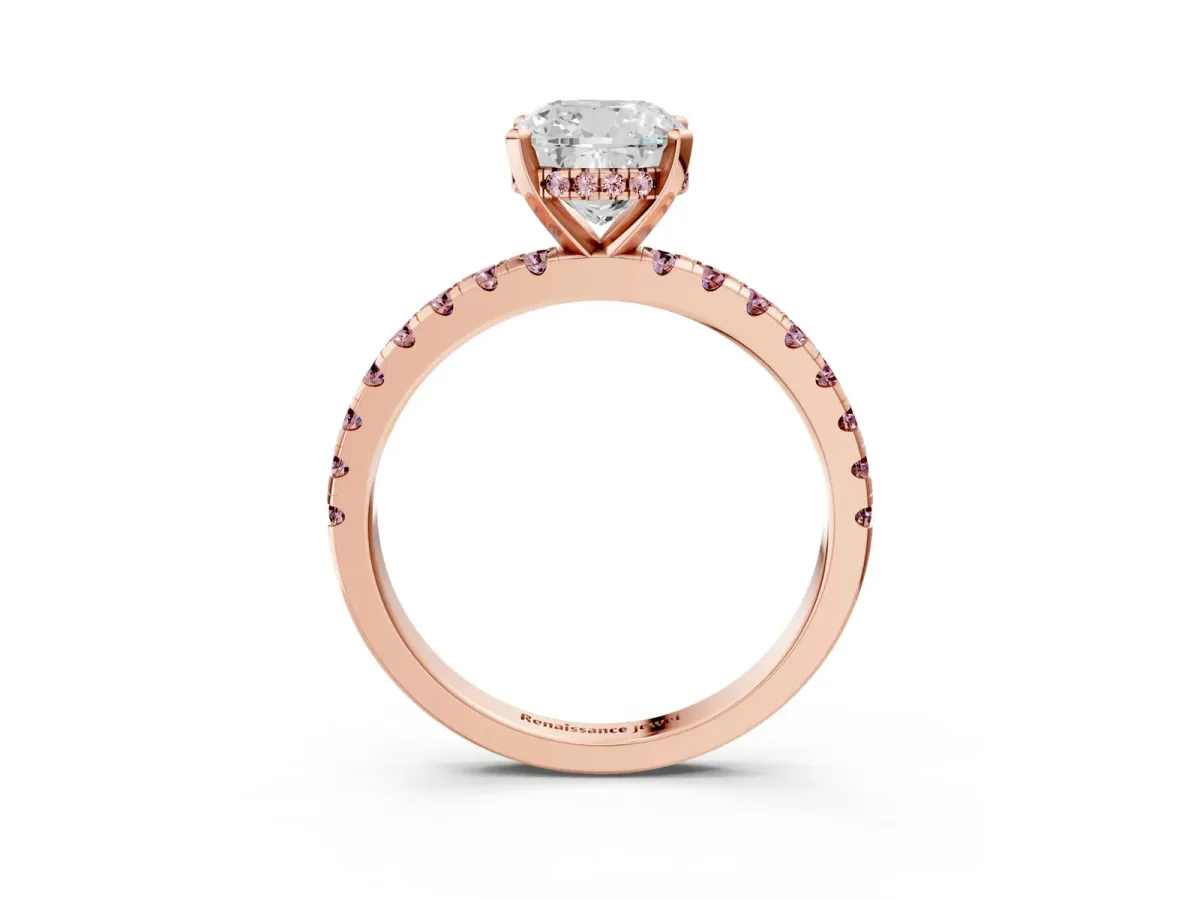 Cushion Cut Diamond Solitaire Ring with Round Morganite Pavé Band and Four-Prong Setting Rose gold