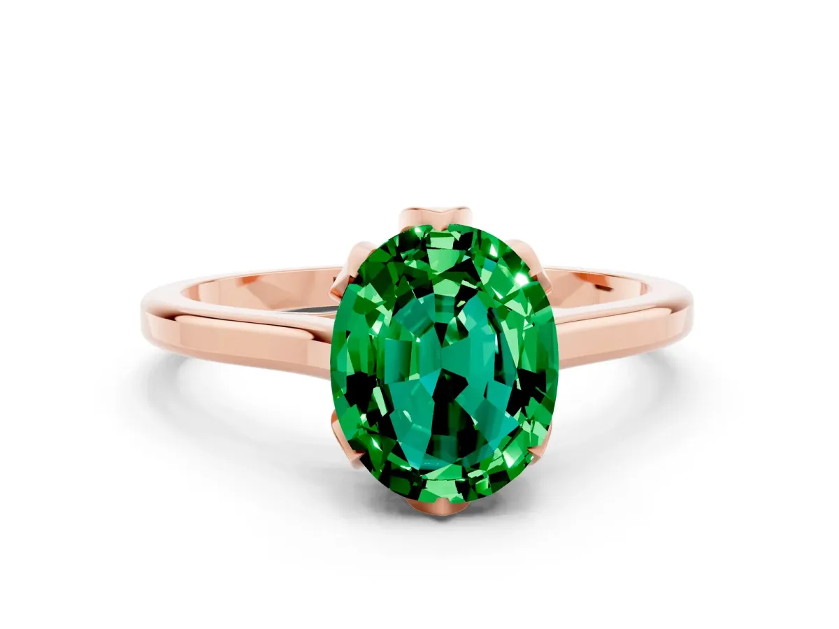 Oval Cut Emerald Solitaire Ring with Flower Prong Setting and Classic Band Rose gold