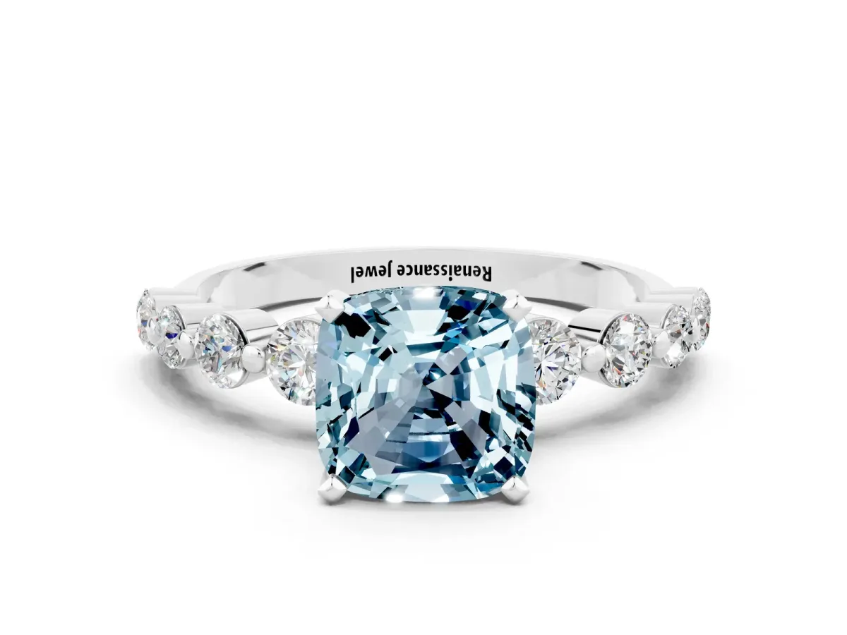 Cushion Cut Solitaire Aquamarine Ring with Pave Band and Four-Prong Setting Silver