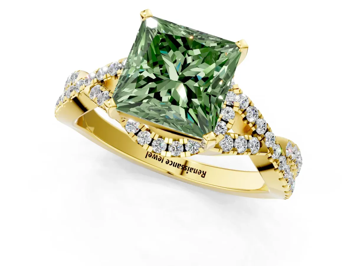 Fancy Green Princess Cut Diamond Halo Twist Band Solitaire Prong Setting Ring Yellow gold