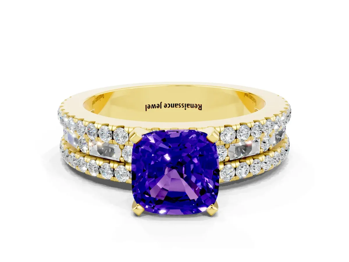 Cushion Cut Tanzanite Solitaire Ring with Pavé and Channel Set Band Yellow gold