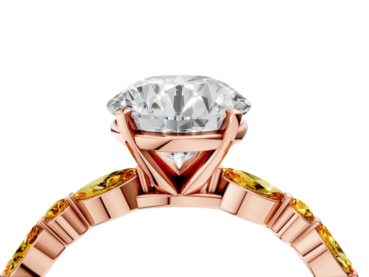 Round Cut Diamond Ring with Marquise and Round Citrine Side Stones and Four-Prong Setting Rose gold
