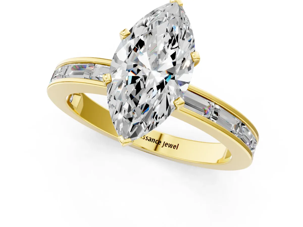 Marquise Cut Solitaire Diamond Ring with Channel-Set Baguette Band and Four-Prong Setting Yellow gold