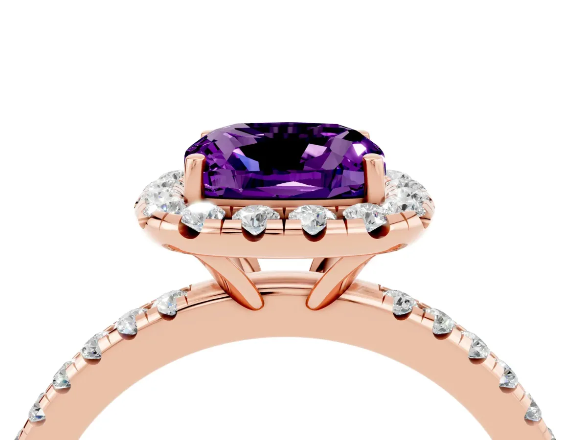 Cushion Cut Amethyst Halo Ring with Round Pavé Band and Prong Setting Rose gold