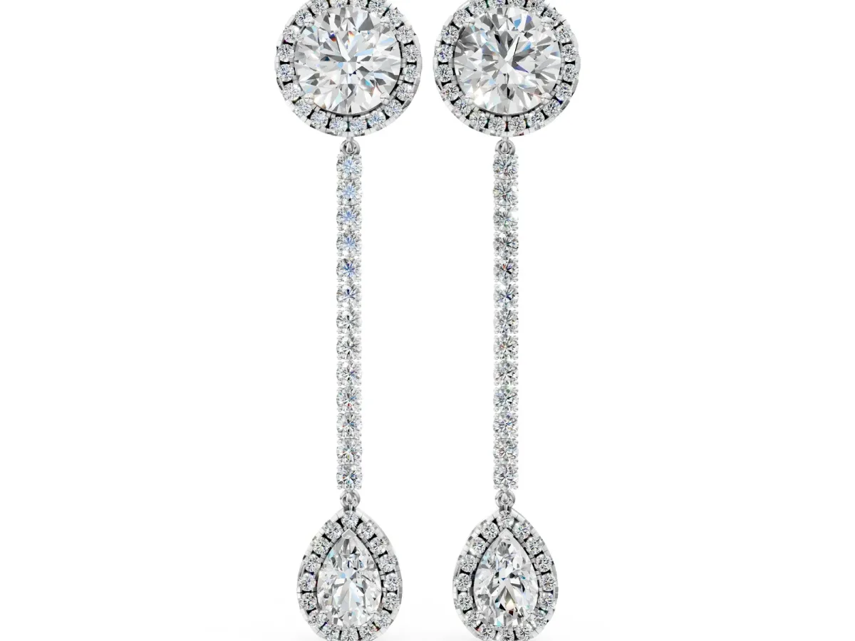 Round and Pear Diamond Halo Drop Earrings White gold