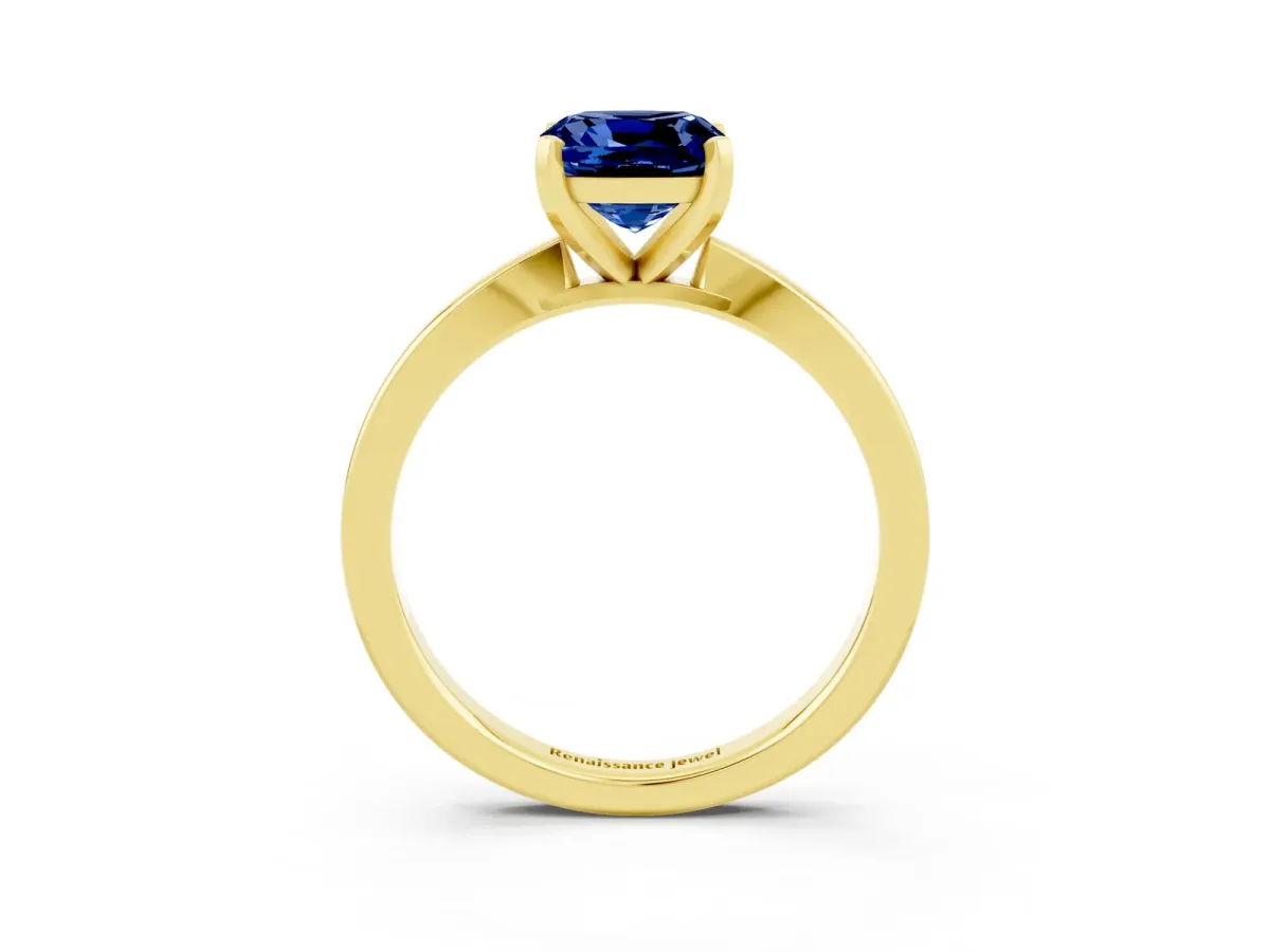 Cushion Cut Blue Sapphire Solitaire Engagement Ring with Classic Band and Four-Prong Setting Yellow gold