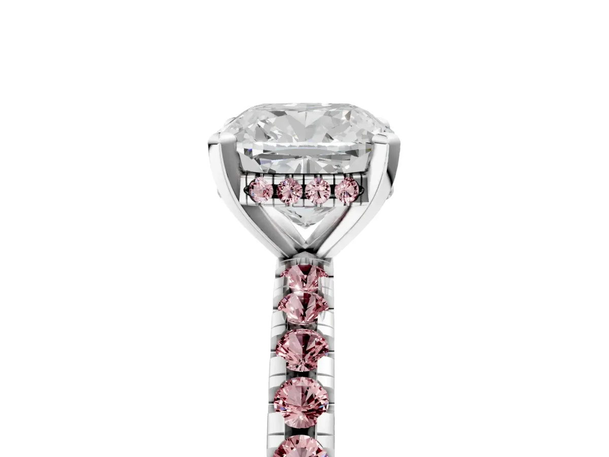 Cushion Cut Diamond Solitaire Ring with Round Morganite Pavé Band and Four-Prong Setting White gold