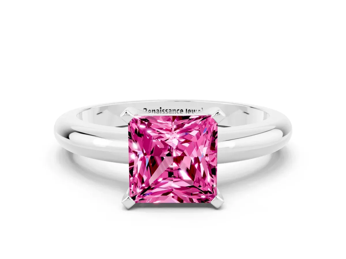 Princess Cut Pink Sapphire Solitaire Engagement Ring with Round Band and Four-Prong Setting White gold