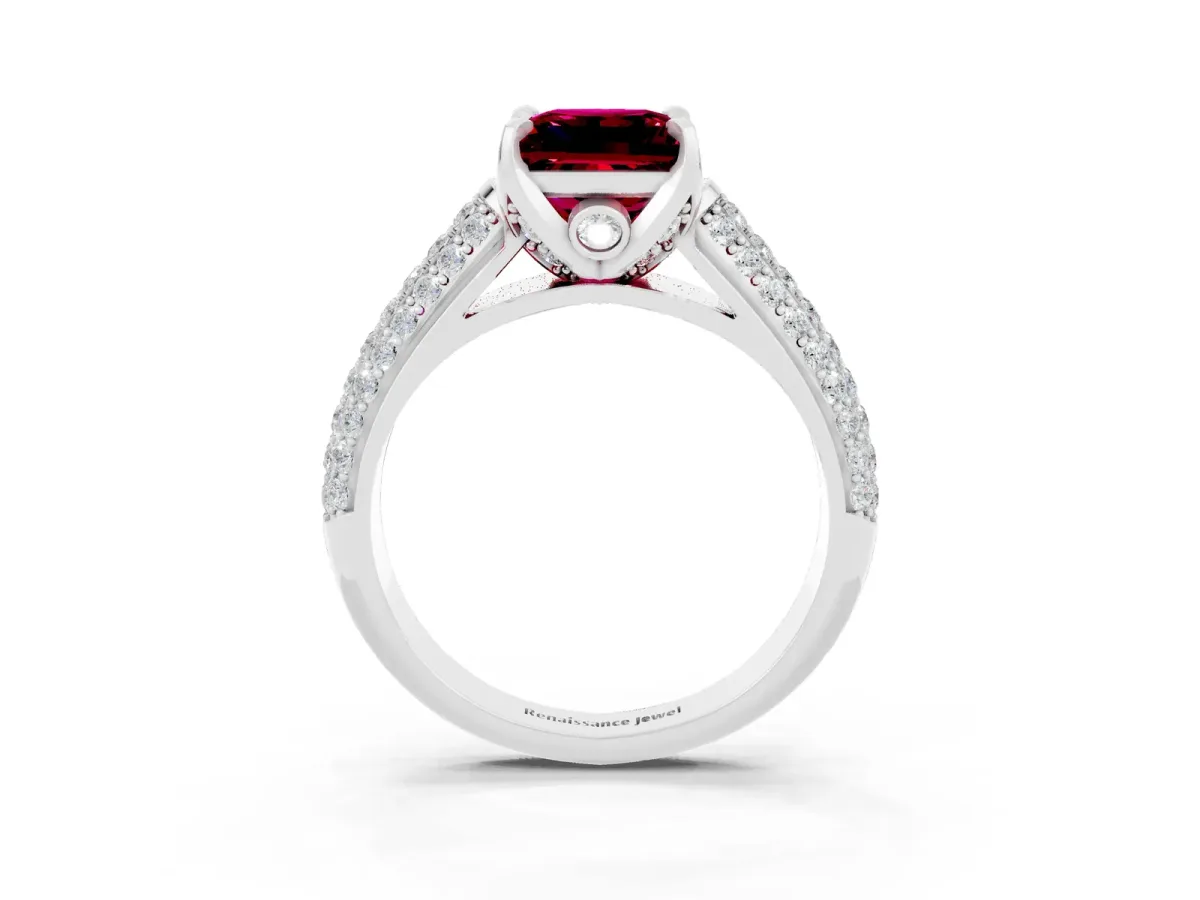 Princess Cut Garnet Solitaire Ring with Three-Row Pavé Band and Four-Prong Setting Platinum