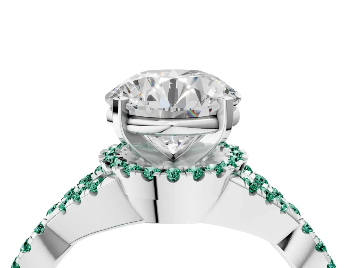 Round Cut Diamond Green Sapphire Halo Twist Band Solitaire Prong Setting Ring White gold