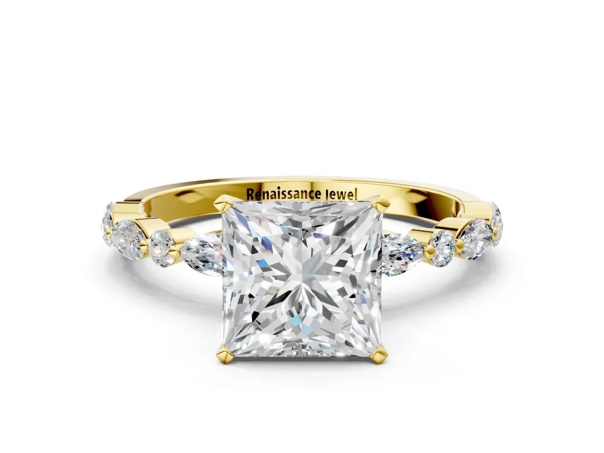 Princess Cut Diamond Ring with Marquise and Round Side Stones and Four-Prong Setting Yellow gold