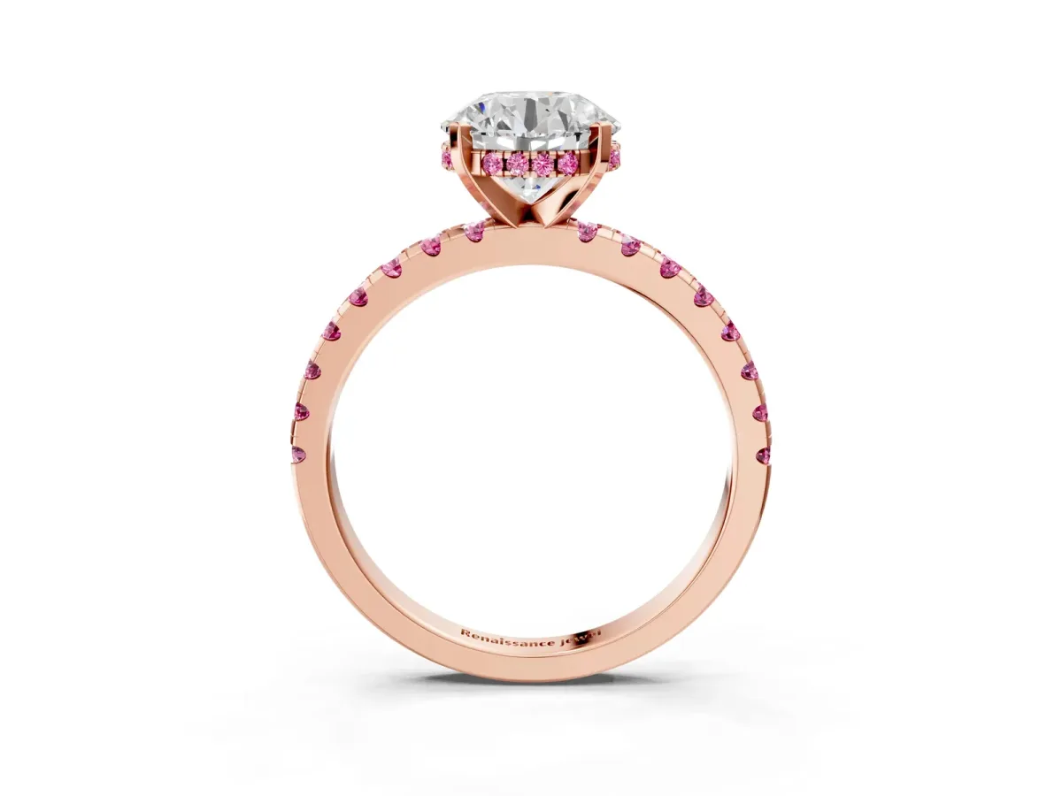 Round Cut Diamond Solitaire Ring with Round Pink Sapphire Pavé Band and Four-Prong Setting Rose gold
