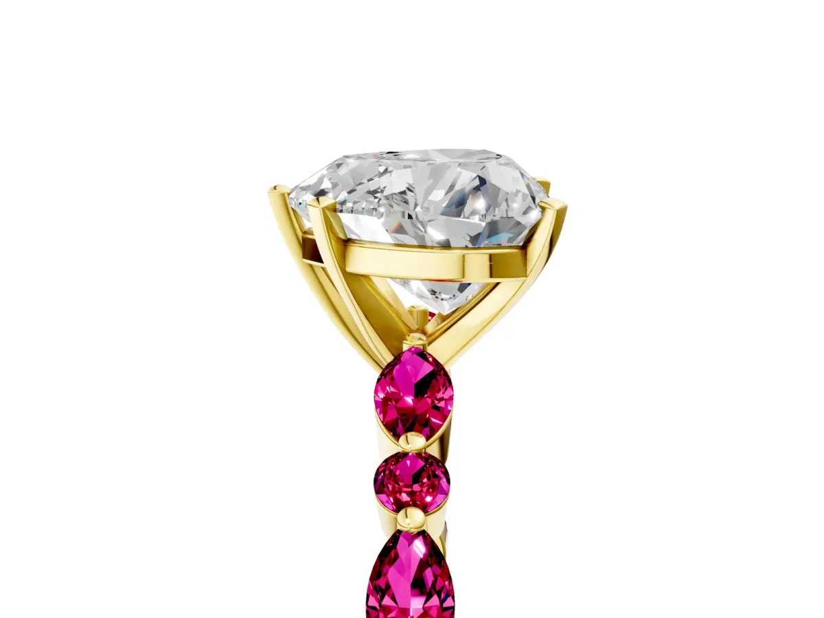 Heart Cut Diamond Ring with Marquise and Round Garnet Side Stones and Four-Prong Setting Yellow gold