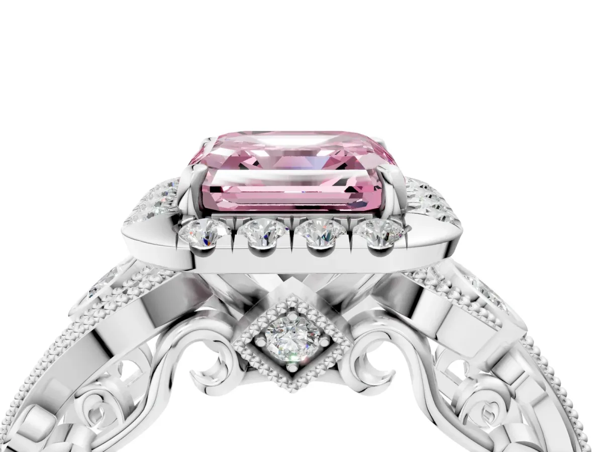 Fancy Pink Asscher Cut Diamond Halo Ring with Milgrain Pavé Band and Four-Prong Setting White gold