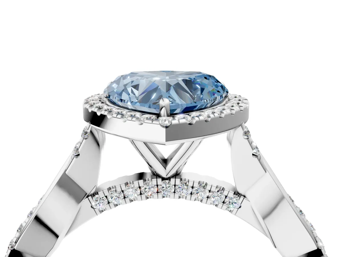 Fancy Blue Heart Cut Halo Twist Band Solitaire Ring Platinum