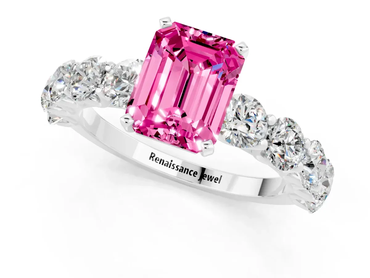 Emerald Cut Pink Sapphire Prong Setting with Side Stones on a Pave Band Silver