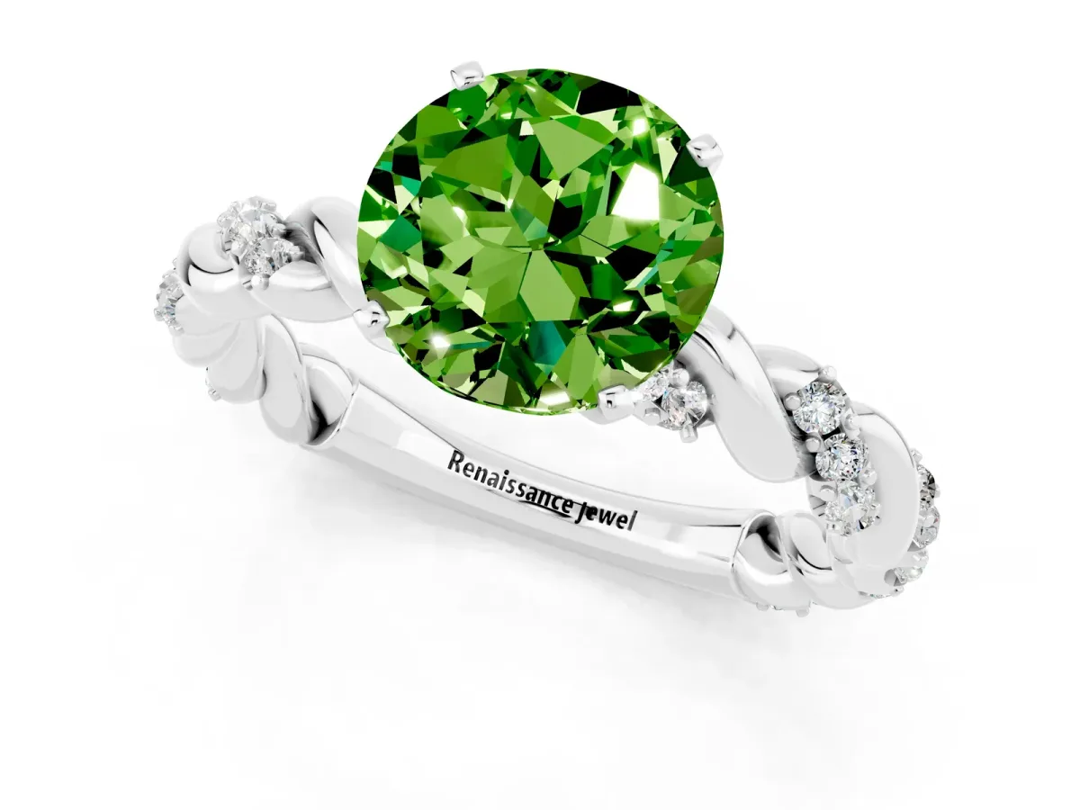 Round Cut Peridot Solitaire Ring with Twisted Band and Pavé Accents Silver