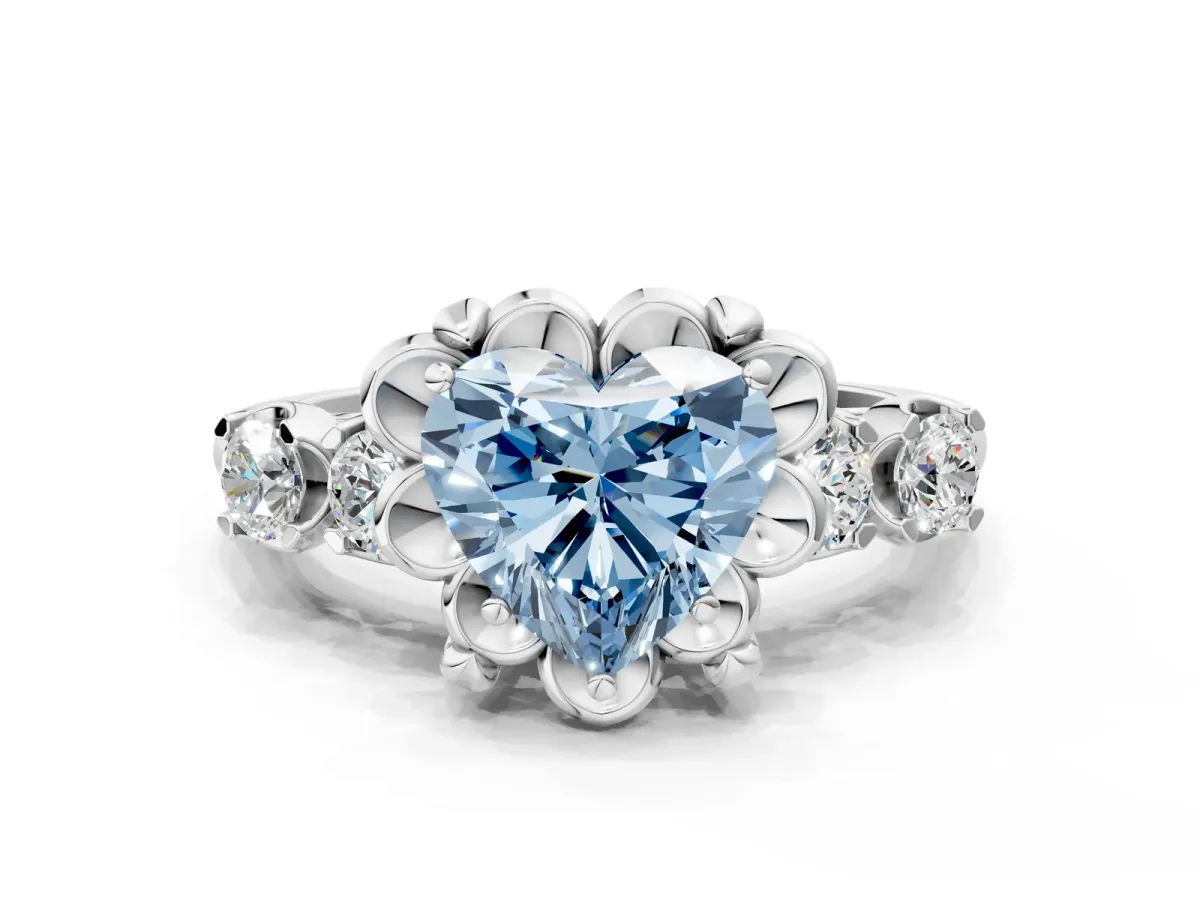 Fancy Blue Heart Cut Cut Diamond Floral Halo Engagement Ring with Shared Prong Setting Silver