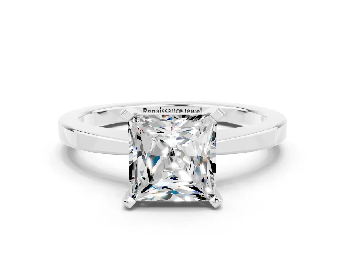 Princess Cut Moissanite Solitaire Engagement Ring with Classic Band and Four-Prong Setting White gold