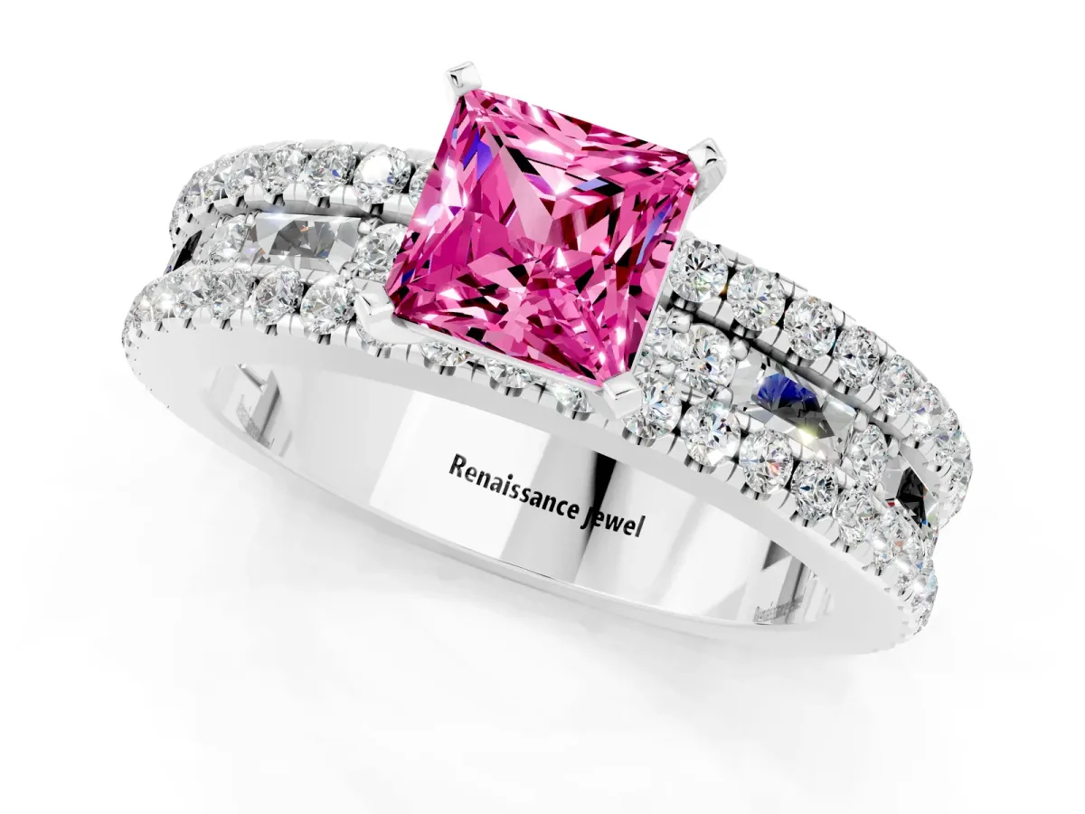 Princess Cut Pink Sapphire Solitaire Ring with Pavé and Channel Set Band White gold
