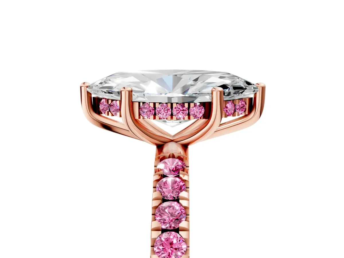 Marquise Cut Diamond Pave Band Solitaire Ring with Round Pink Sapphire and Prong Setting Rose gold