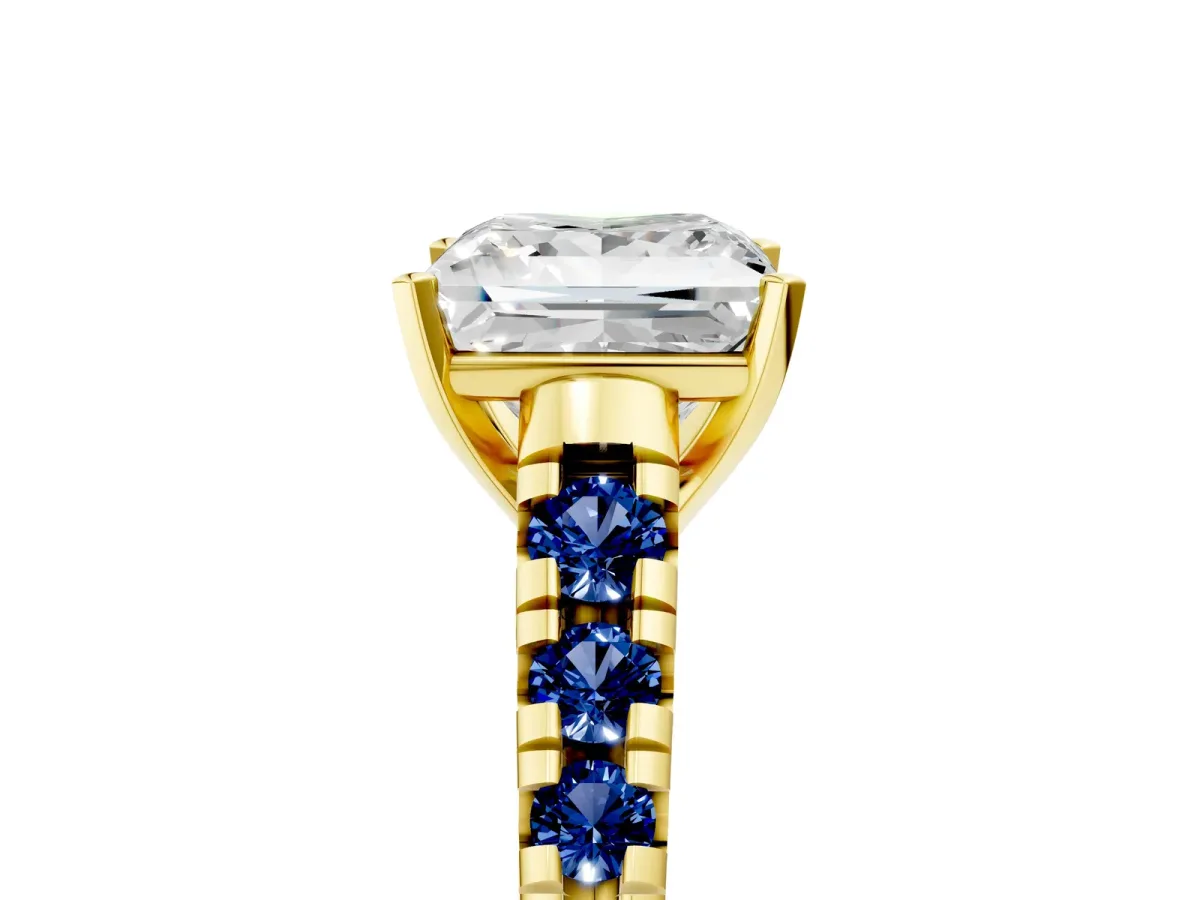 Princess Cut Diamond Cathedral Solitaire Ring with Round Blue Sapphire Pavé Band Yellow gold