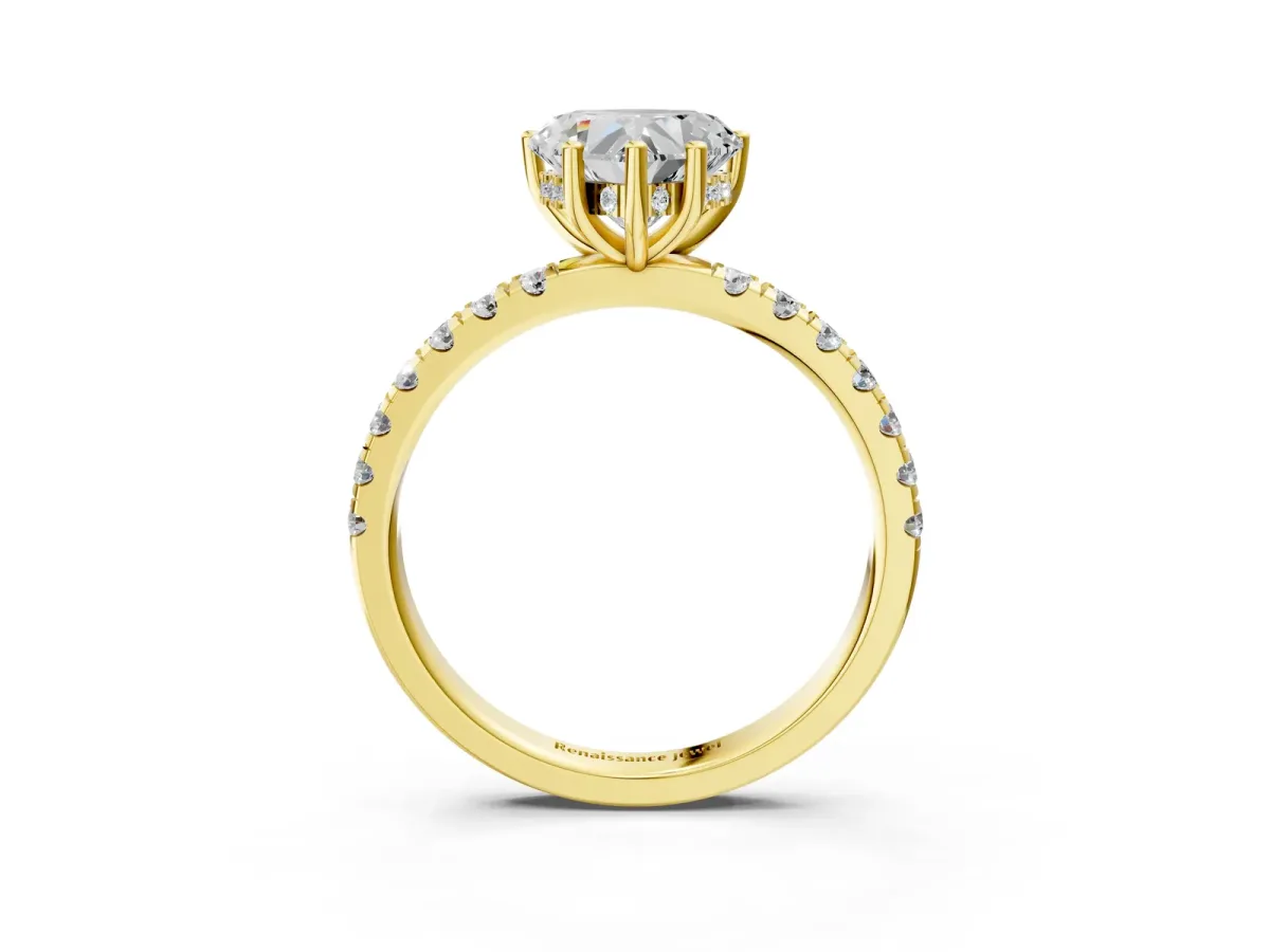 Heart Cut Diamond Pave Band Solitaire Ring with Round Moissanite and Prong Setting Yellow gold