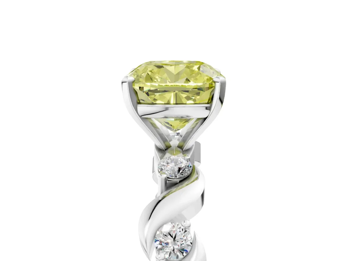 Fancy Yellow Cushion Cut Diamond Solitaire Twisted Band with Round Accents and Prong Setting White gold