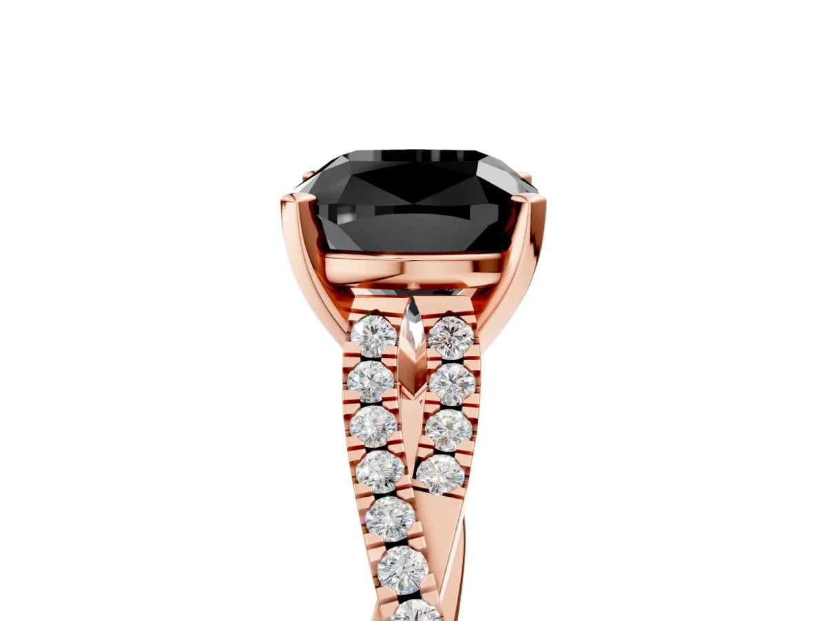 Fancy Black Cushion Cut Diamond Solitaire Engagement Ring with Twisted Pavé Band and Four-Prong Setting Rose gold