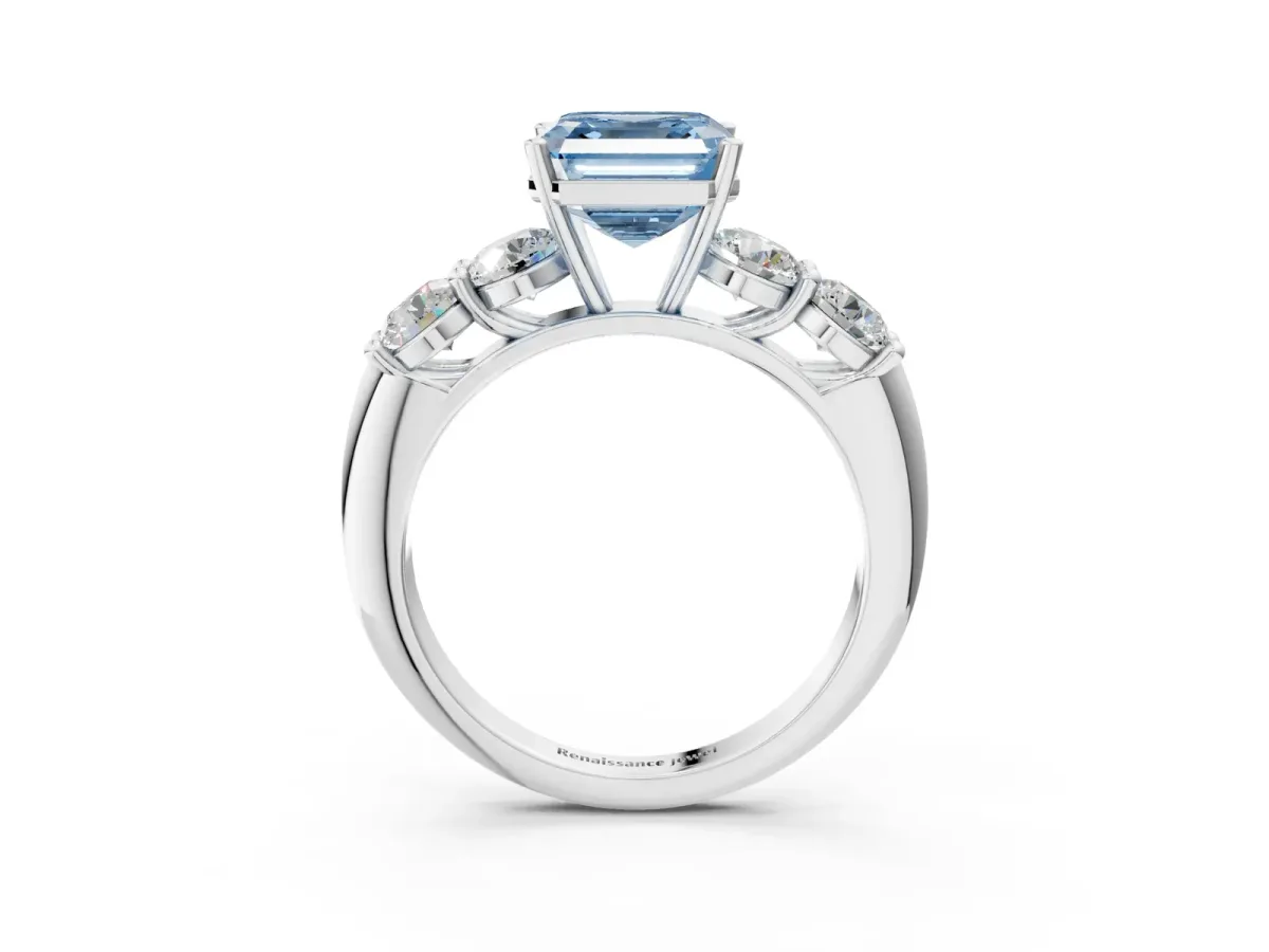 Fancy Blue Asscher Cut Cut Five-Stone Prong Set Diamond Ring with Classic Band Platinum