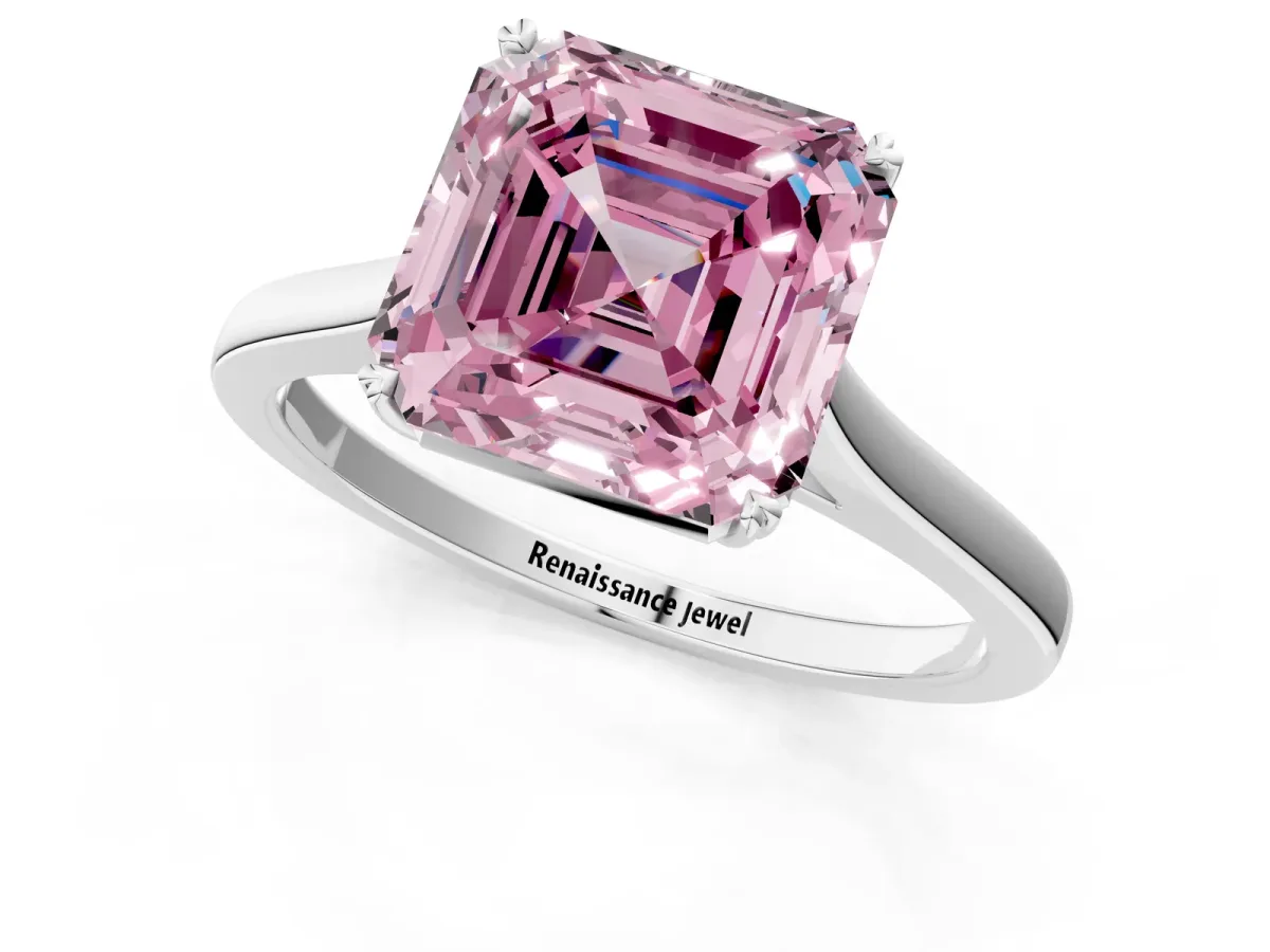 Fancy Pink Asscher Cut Solitaire Heart Prong Engagement Ring with Tapered Band Platinum