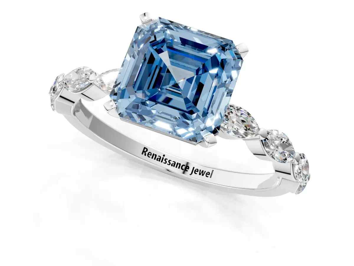 Fancy Blue Asscher Cut Diamond Ring with Marquise Side Stones and Prong Setting Platinum