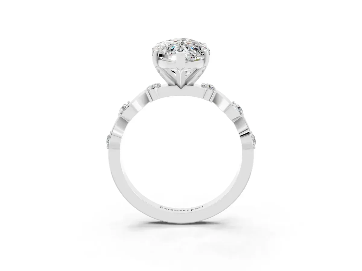 Marquise Cut Moissanite Solitaire Twisted Band with Round Accents and Prong Setting White gold