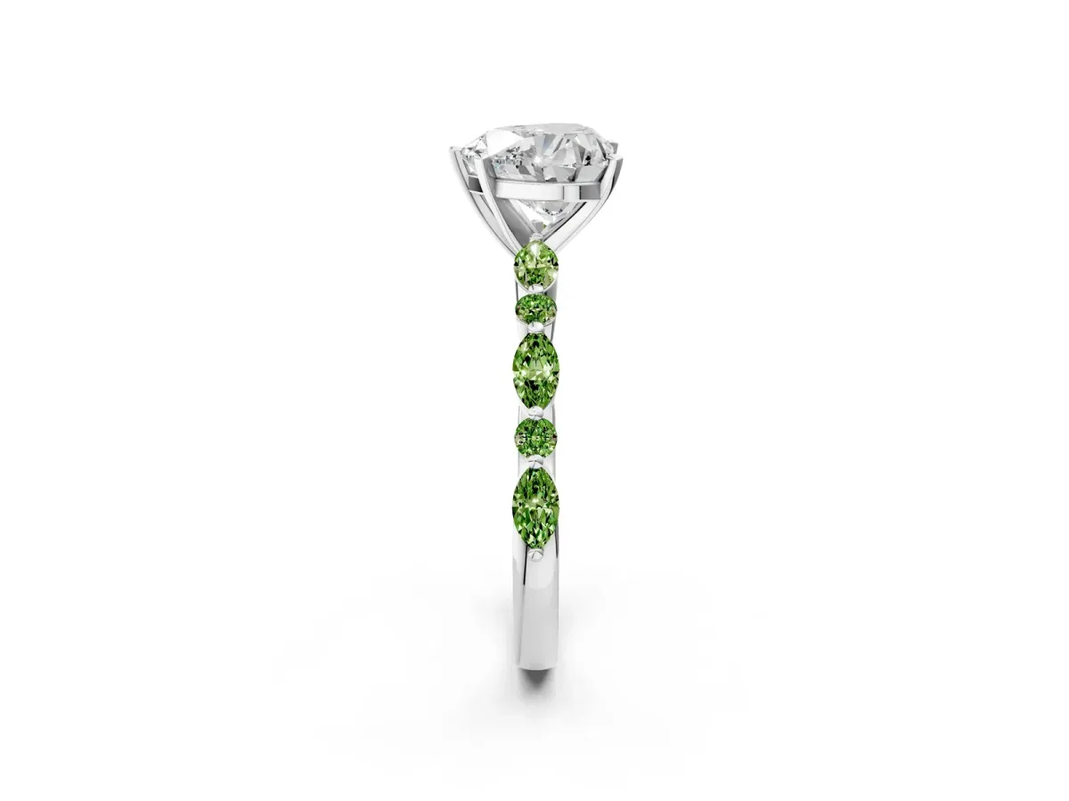 Heart Cut Diamond Ring with Marquise and Round Peridot Side Stones and Four-Prong Setting White gold